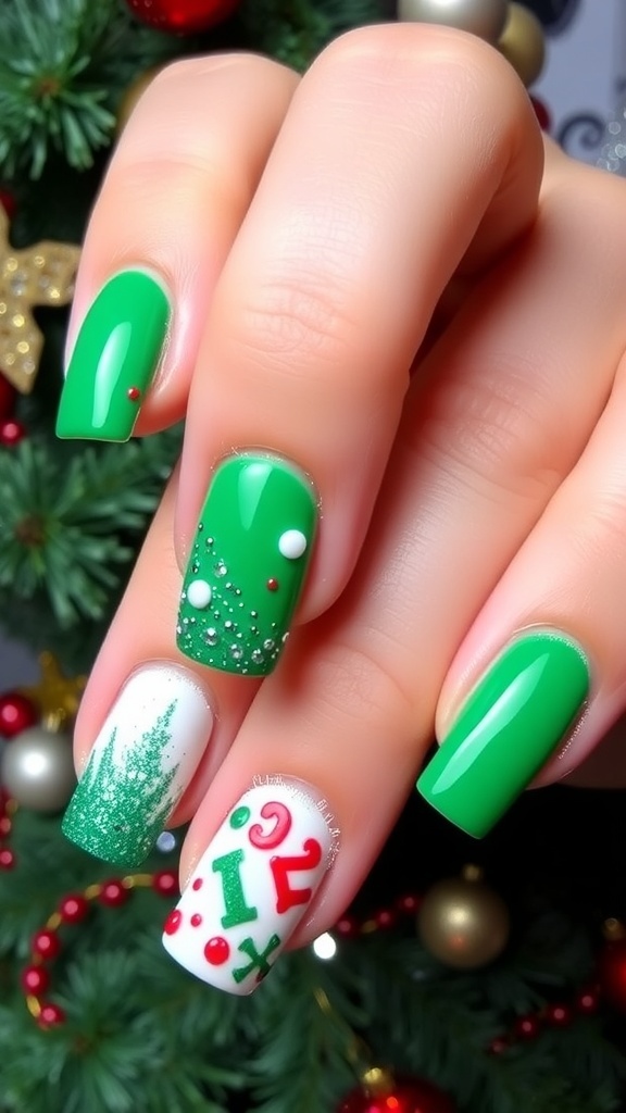 Y2K Inspired Green Christmas Nail Art Y2K inspired green Christmas nails with glitter and holiday designs on a festive background.